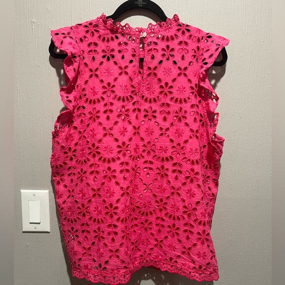 J. CREW HOT PINK EMBROIDERED EYELET MOCKNECK TOP WITH FLUTTER SLEEVES Size XL - Picture 4 of 5